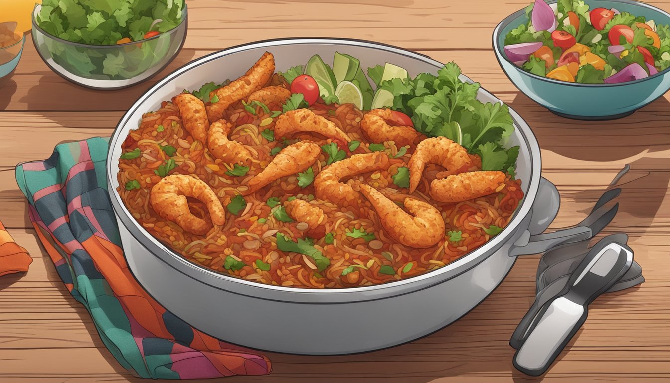 A steaming bowl of jambalaya sits on a rustic wooden table, surrounded by colorful garnishes and served with a side of fresh salad. The air fryer hums softly in the background