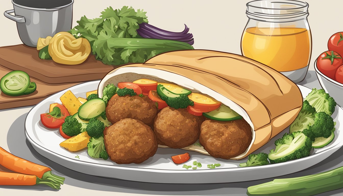 A plate of golden-brown meatball subs surrounded by fresh ingredients and a side of air-fried vegetables