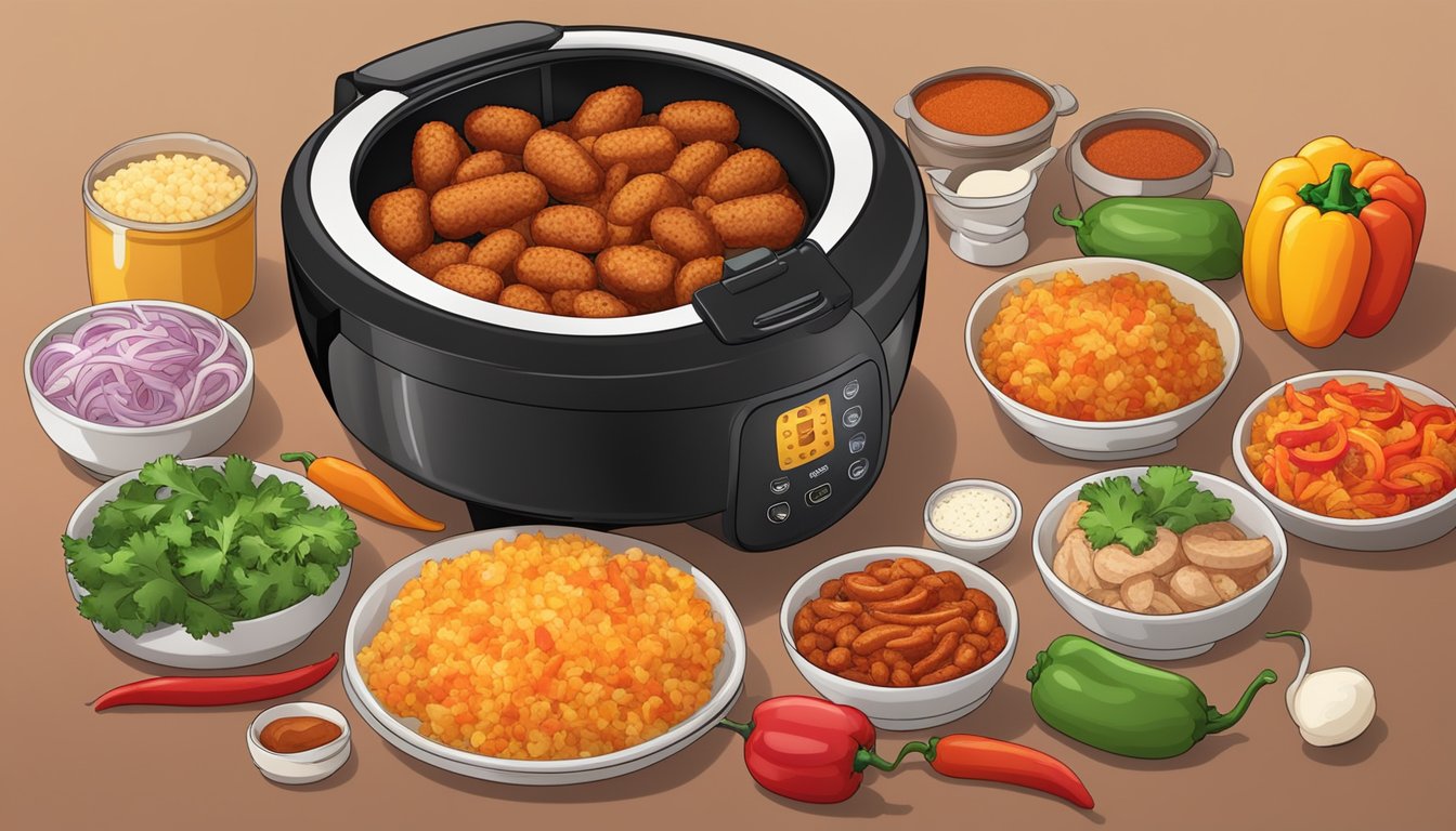 A steaming air fryer filled with sizzling jambalaya, surrounded by colorful ingredients like bell peppers, onions, and spicy sausage