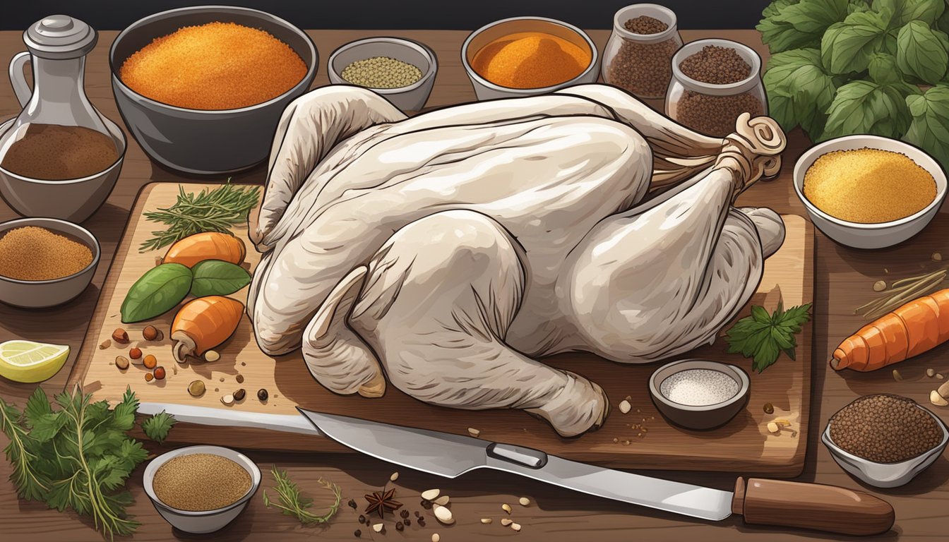 A whole chicken being cut into parts with a knife on a cutting board, surrounded by various spices and seasonings in preparation for air frying