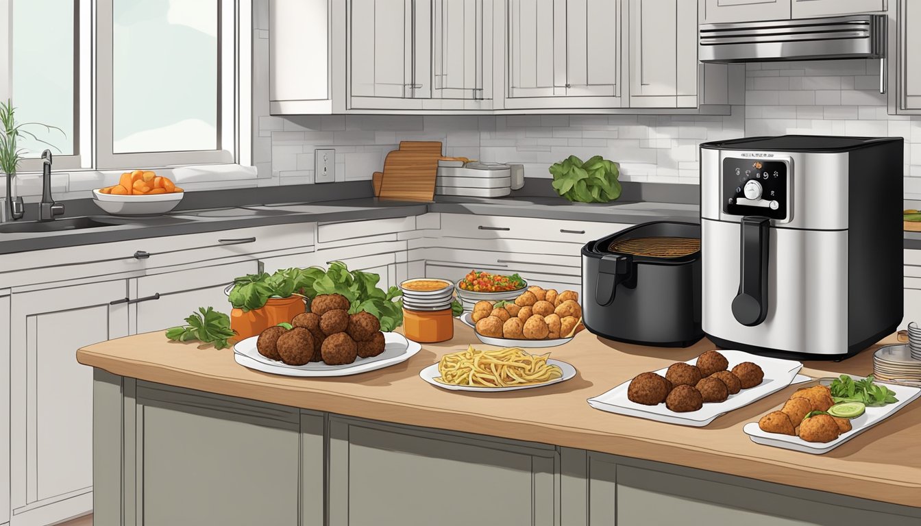 A kitchen counter with a neatly arranged air fryer, Italian meatball subs, and various storage containers for leftovers