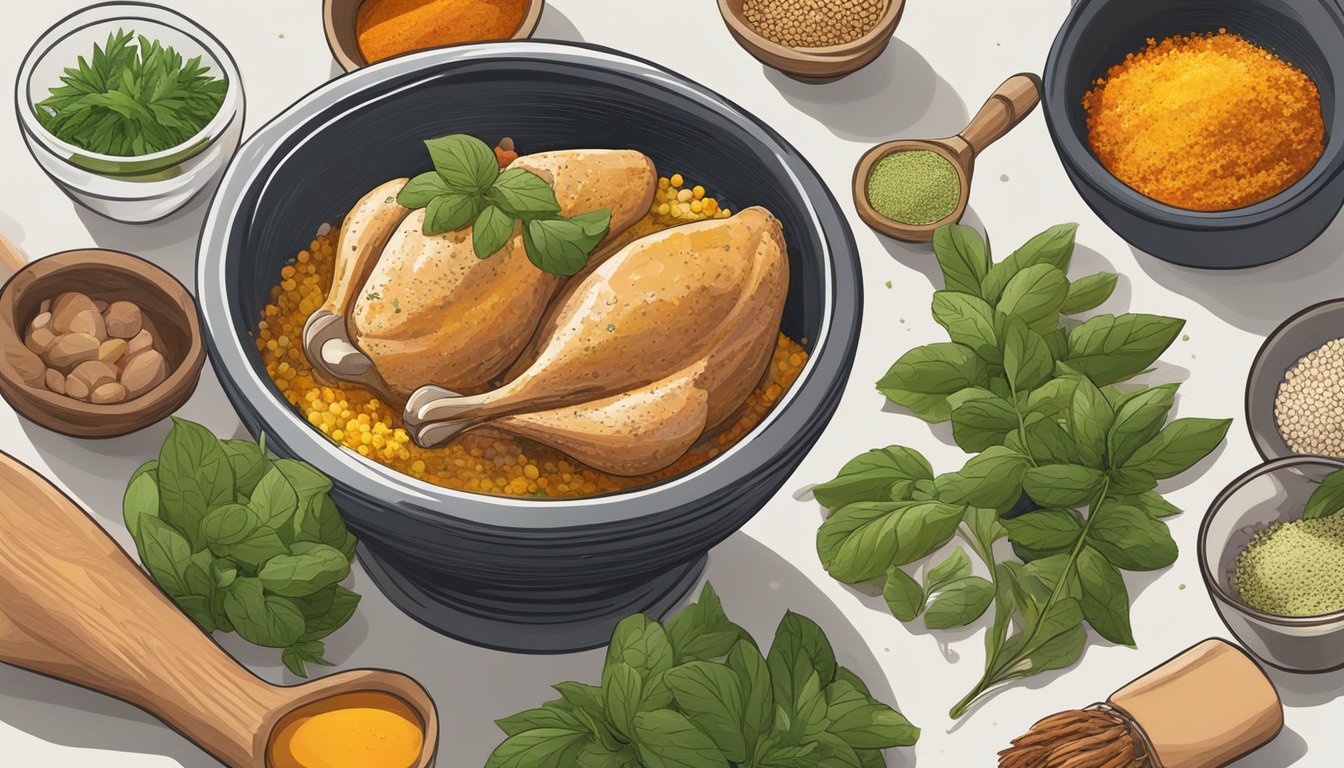 Fresh ingredients being blended in a mortar and pestle, with vibrant spices and herbs surrounding the process. A bowl of marinating chicken sits nearby