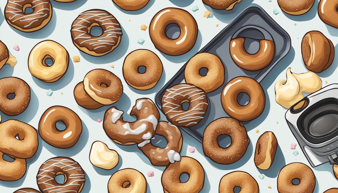 A tray of glazed donut holes sits next to an air fryer, surrounded by ingredients like flour, sugar, and glaze