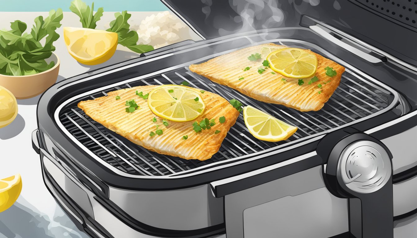 Tilapia fillets marinated in lemon and garlic, placed in an air fryer basket, surrounded by steam and sizzle