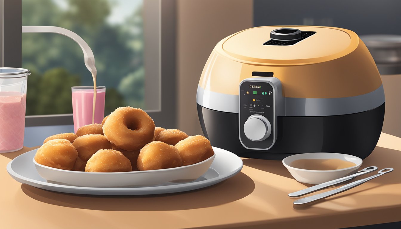 A plate of glazed donut holes sits next to an open air fryer, with a small bowl of glaze and a pair of tongs nearby