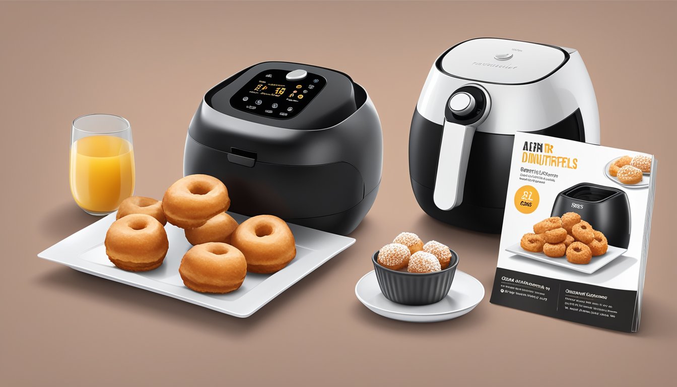 A plate of glazed donut holes next to an air fryer with the nutritional information displayed on the packaging