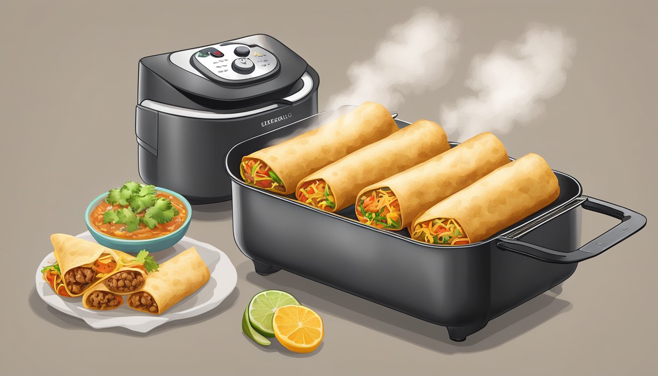 Golden air fryer mini burritos sizzling on a wire basket, surrounded by steam