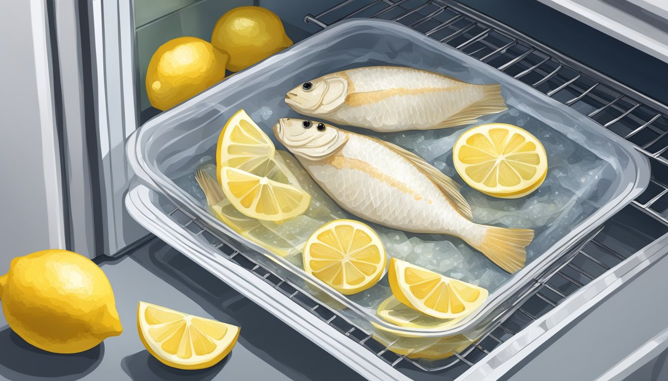 A plate of air fryer tilapia with lemon and garlic, covered with plastic wrap, sitting in the refrigerator