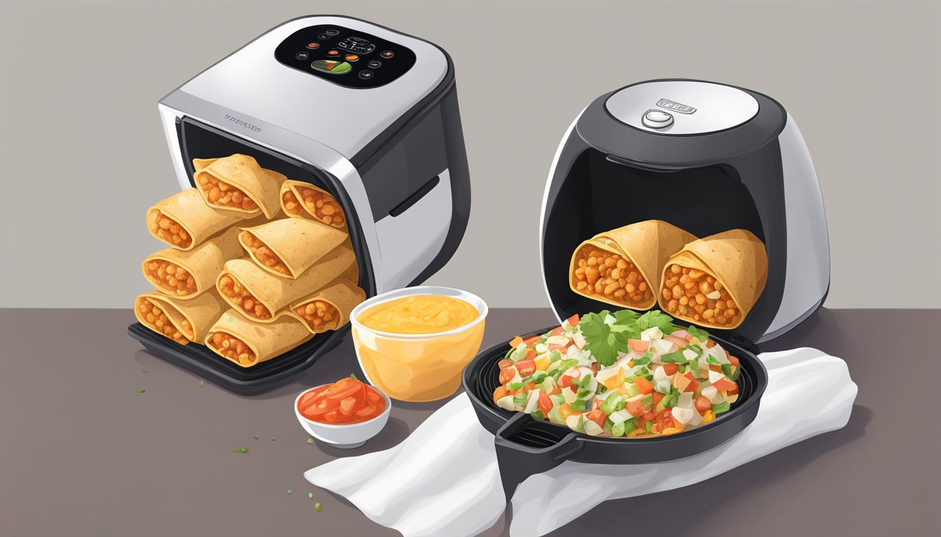 Mini burritos being filled with ingredients and placed in an air fryer