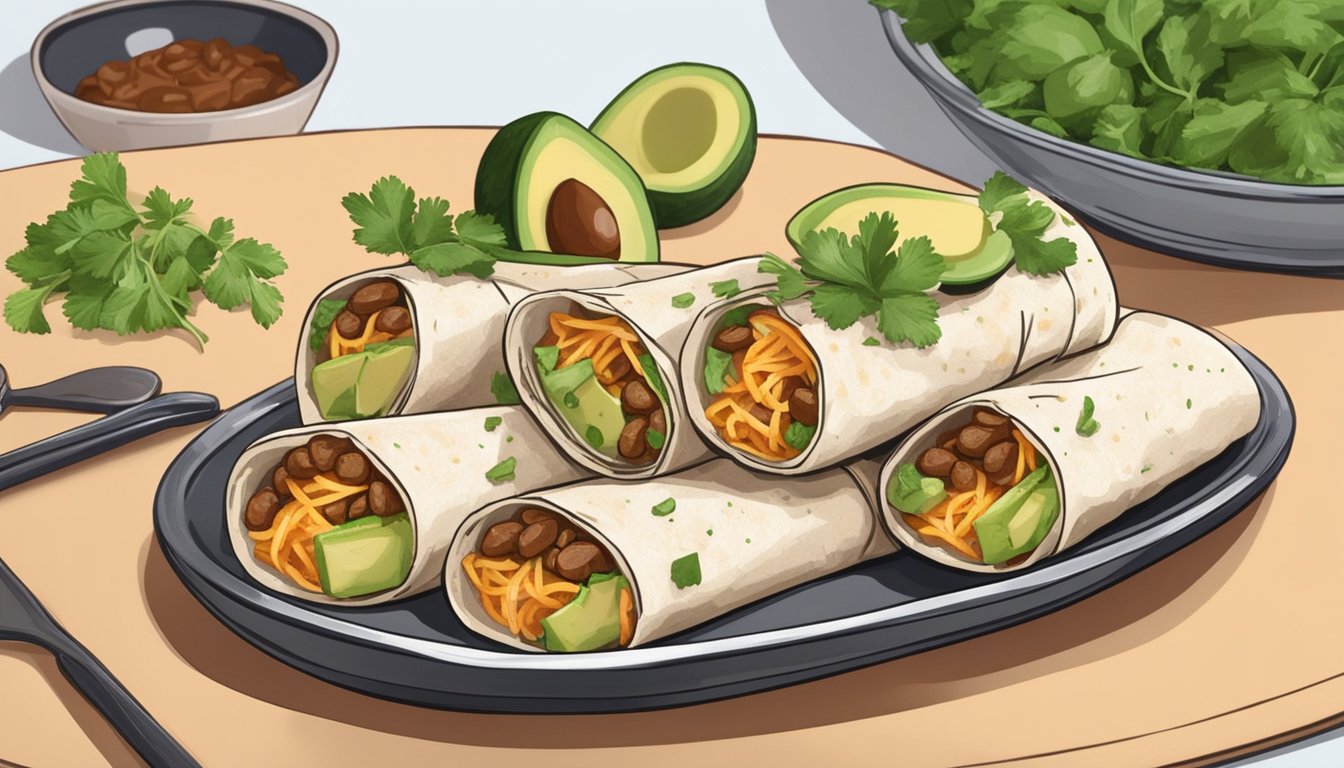 Mini burritos arranged on a serving platter, garnished with fresh cilantro and sliced avocado, with an air fryer in the background