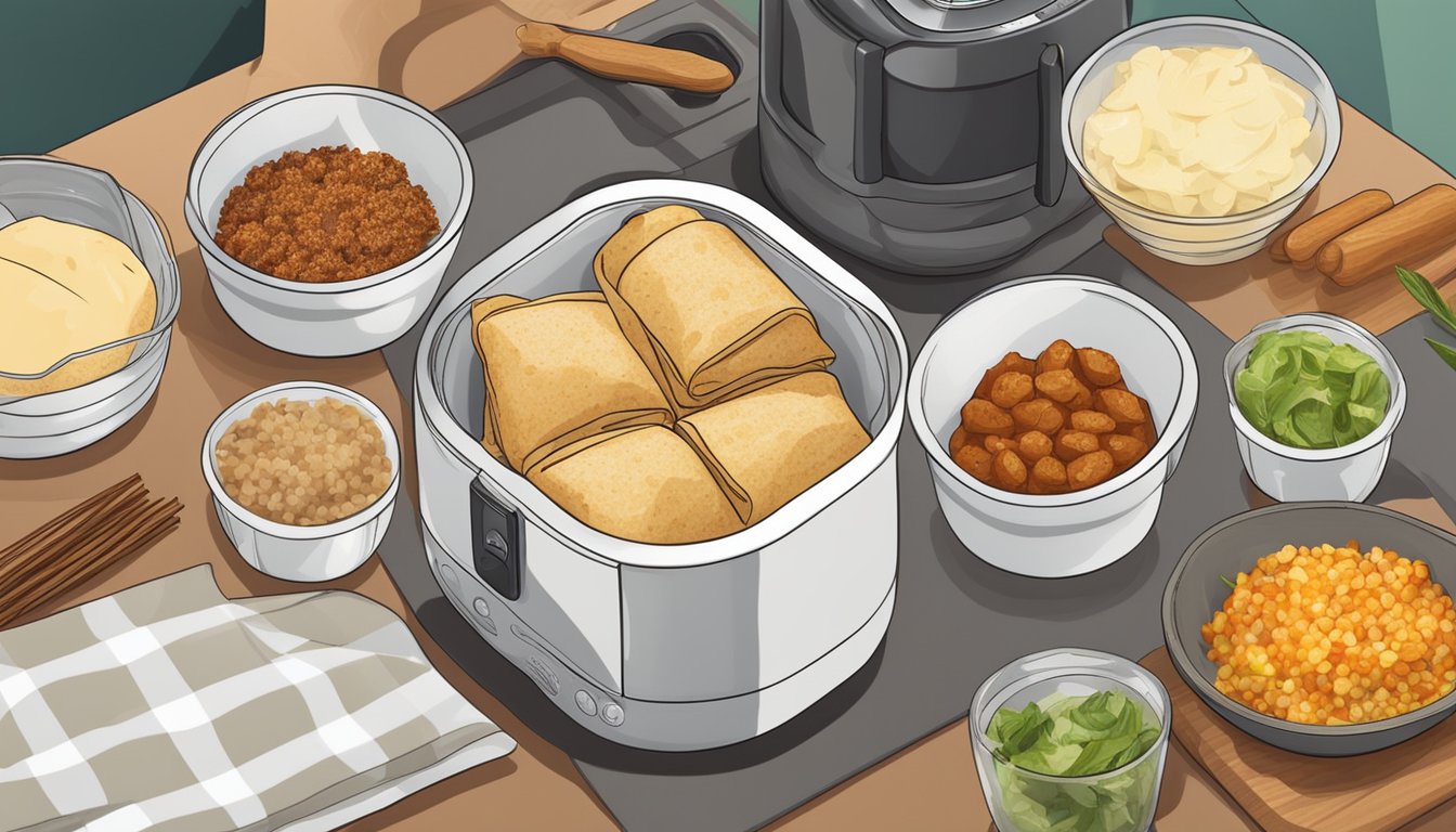 Mini burritos being placed into an air fryer, surrounded by various ingredients and spices on a kitchen counter