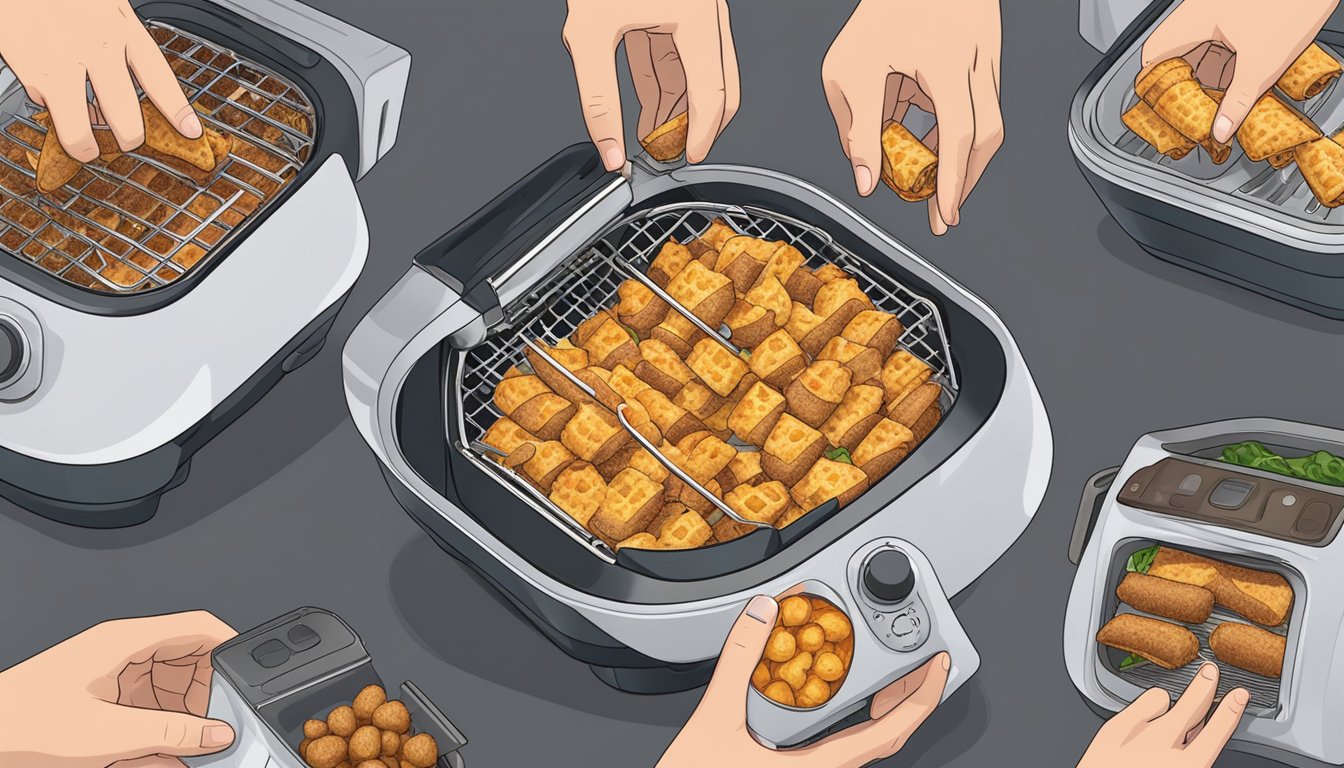 A hand placing mini burritos into an air fryer basket, then removing them once heated and crispy