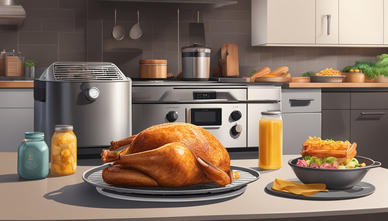 A golden honey glazed ham sits inside an open air fryer, surrounded by containers of leftovers and storage bags