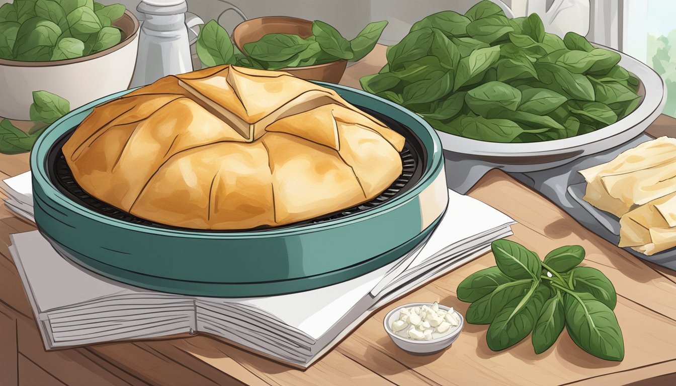 A cozy kitchen with a modern air fryer surrounded by fresh spinach, feta cheese, and phyllo dough, with a Greek cookbook open to a page on spanakopita