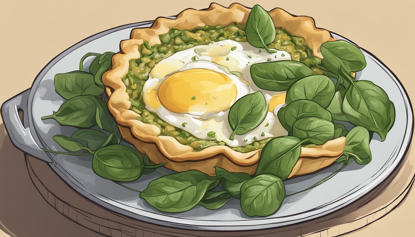 A golden-brown Greek spinach pie sits on a wire rack, steam rising from the flaky crust, surrounded by fresh spinach, feta cheese, and eggs