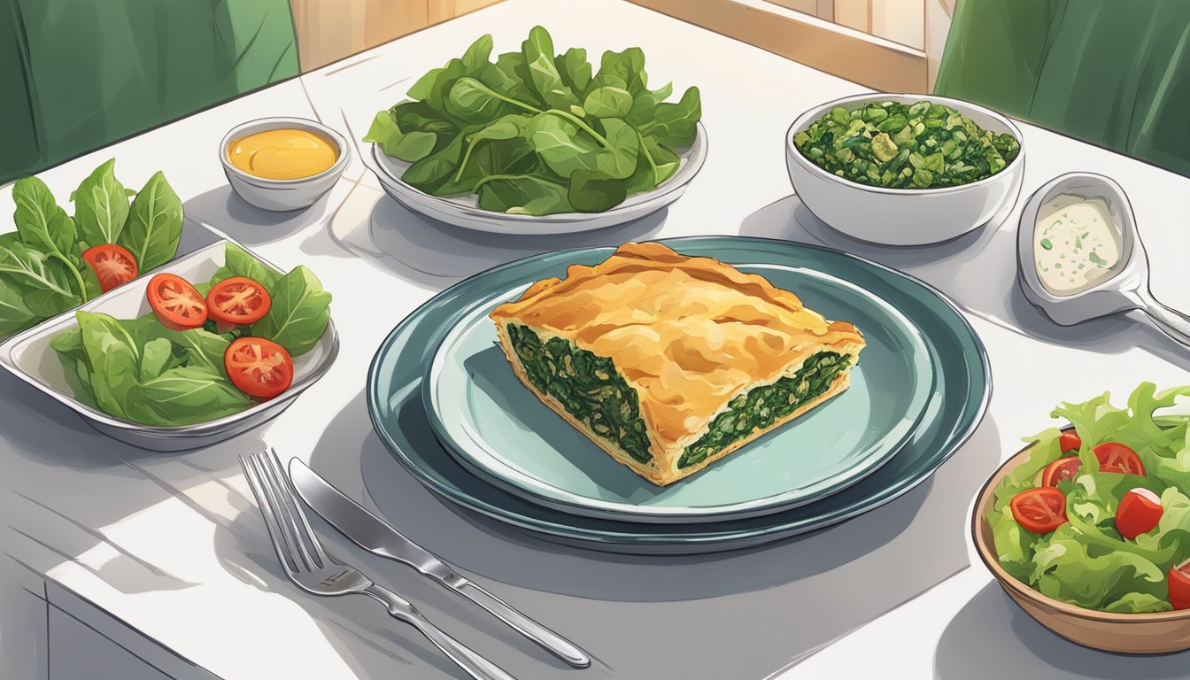 A golden, flaky Greek spinach pie sits on a plate next to a vibrant salad, showcasing the health benefits and nutritional information of the air-fried dish