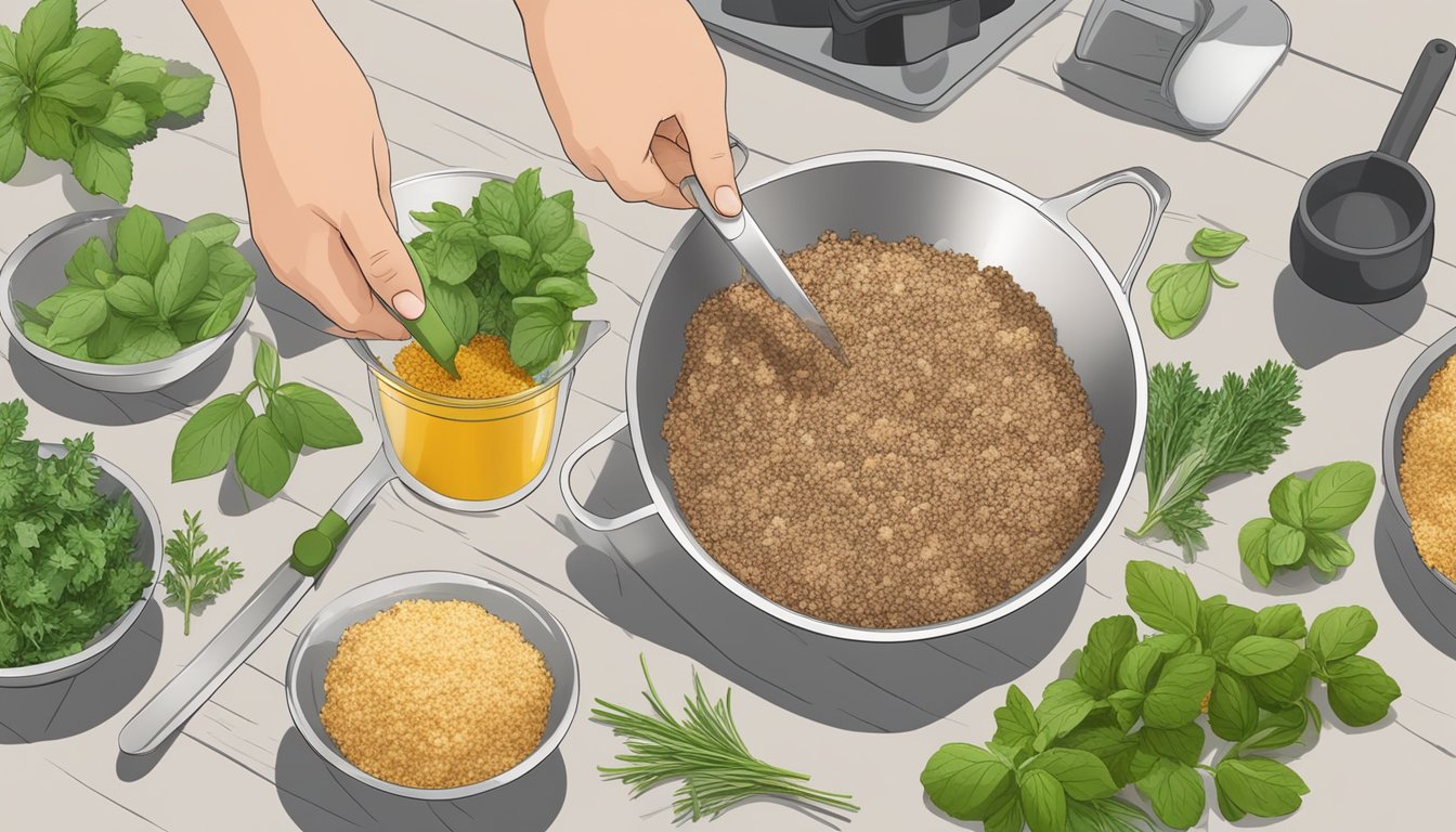 Fresh herbs, ground meat, and breadcrumbs being carefully measured and mixed in a bowl