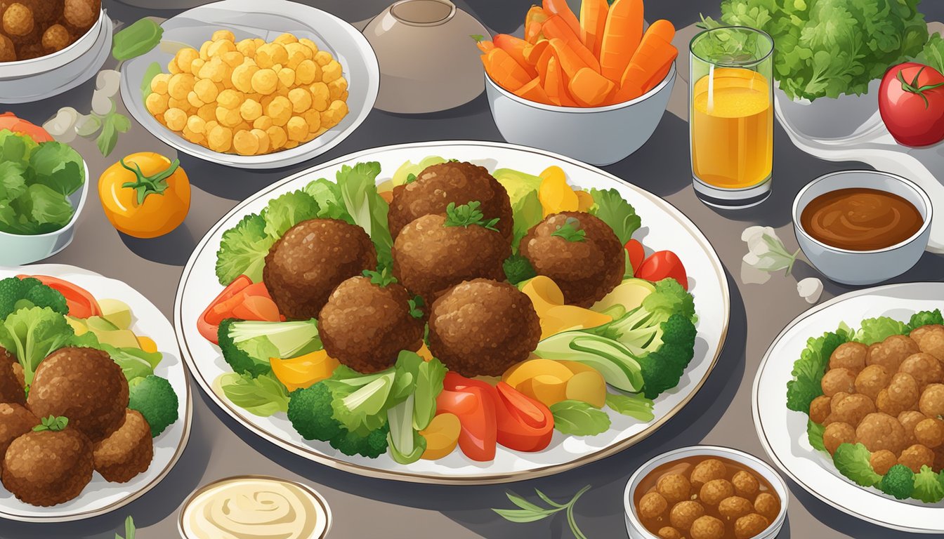 A plate of golden-brown meatballs surrounded by a variety of colorful, fresh vegetables