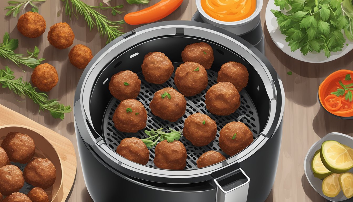 Juicy meatballs sizzling in an air fryer, surrounded by herbs and spices. A digital display shows the cooking time