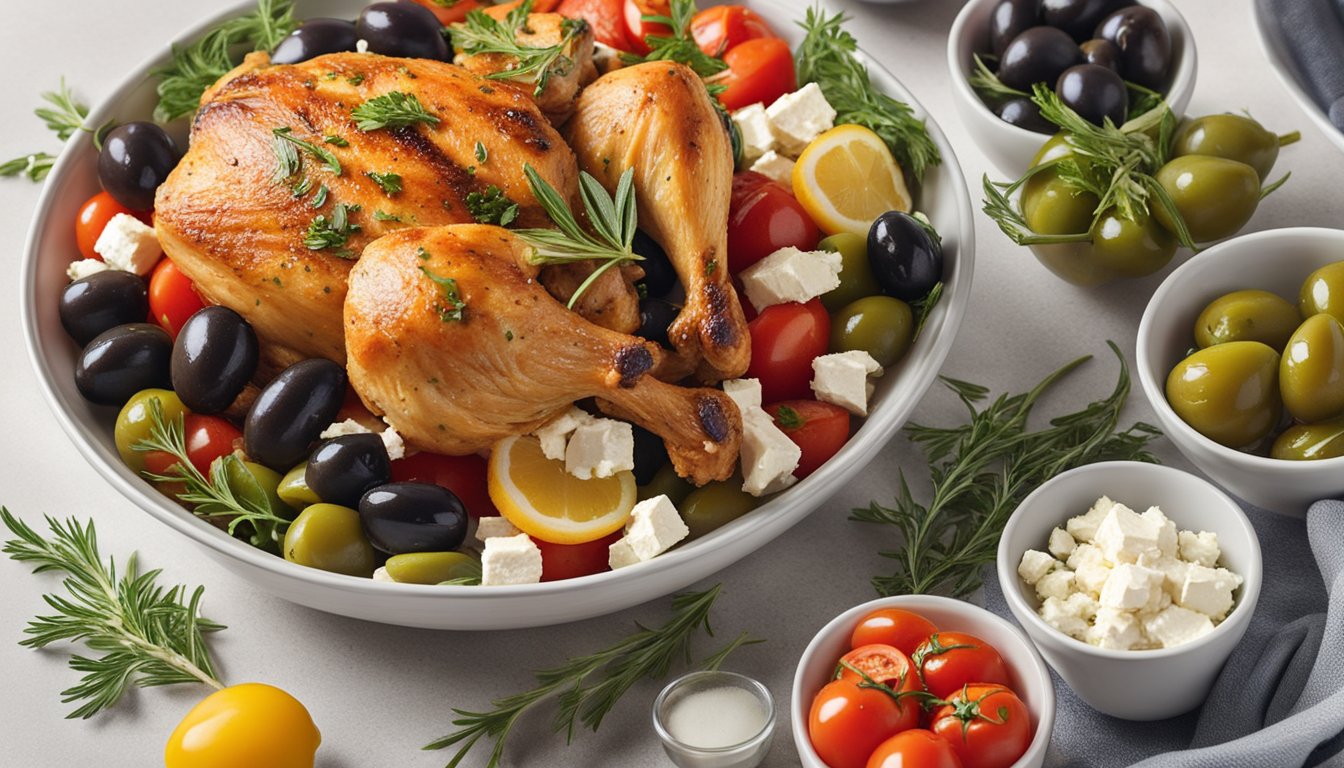 A bowl of marinated chicken surrounded by greek ingredients like olives, feta, tomatoes, and herbs, with an air fryer in the background