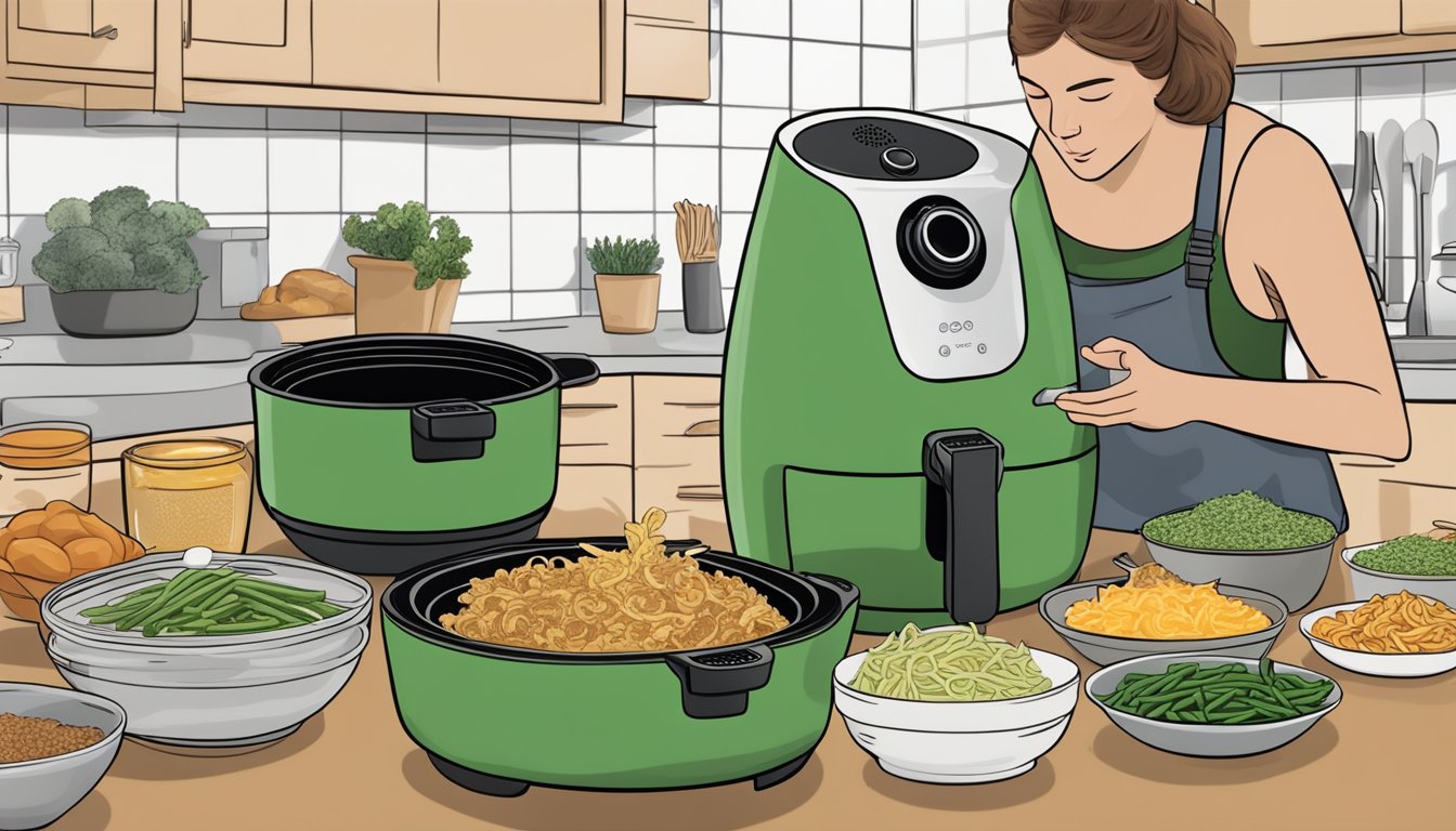 A person swapping ingredients in an air fryer while customizing a green bean casserole recipe