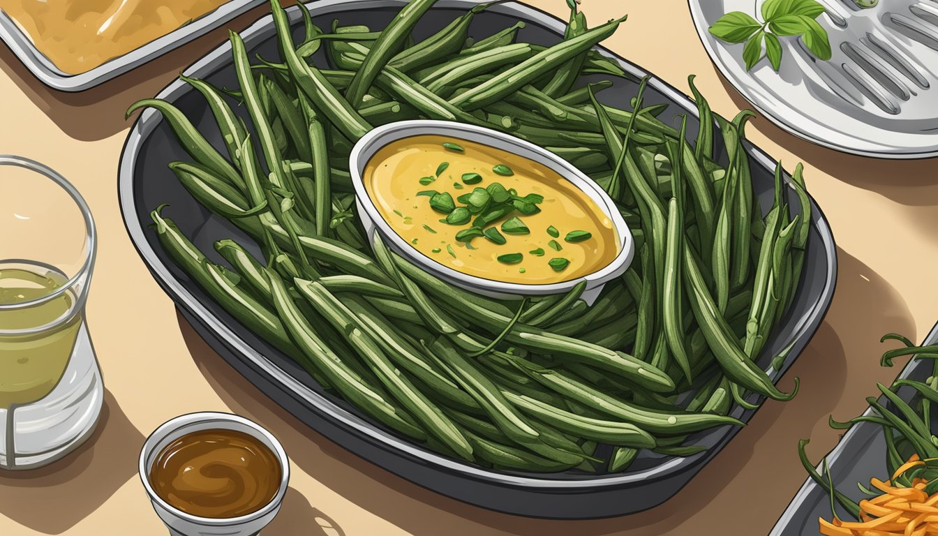 A plate of crispy green beans spilling out of an air fryer basket, with a side of dipping sauce and a garnish of fresh herbs