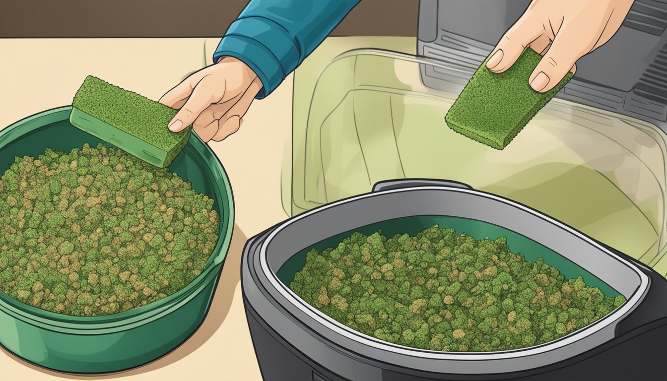 A hand reaching for a sponge to clean the air fryer basket filled with leftover green bean crumbs and oil residue