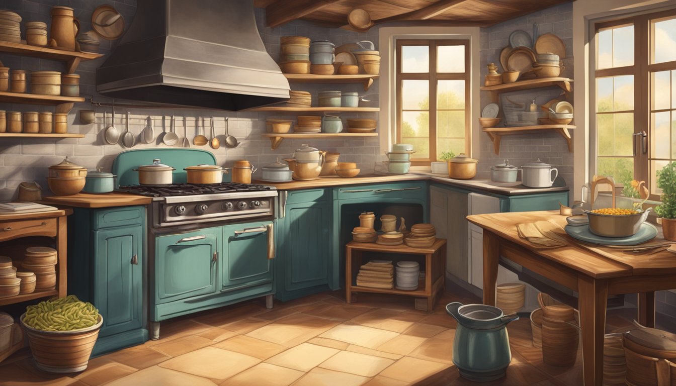 A vintage kitchen with a rustic stove and a large pot of bubbling macaroni, surrounded by shelves of old cookbooks and vintage kitchenware