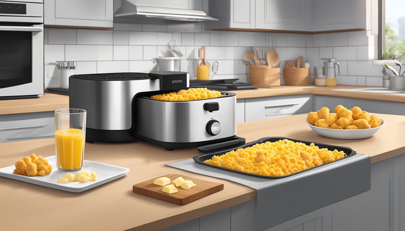 A modern kitchen counter with an open air fryer filled with crispy golden mac and cheese bites, surrounded by ingredients and utensils