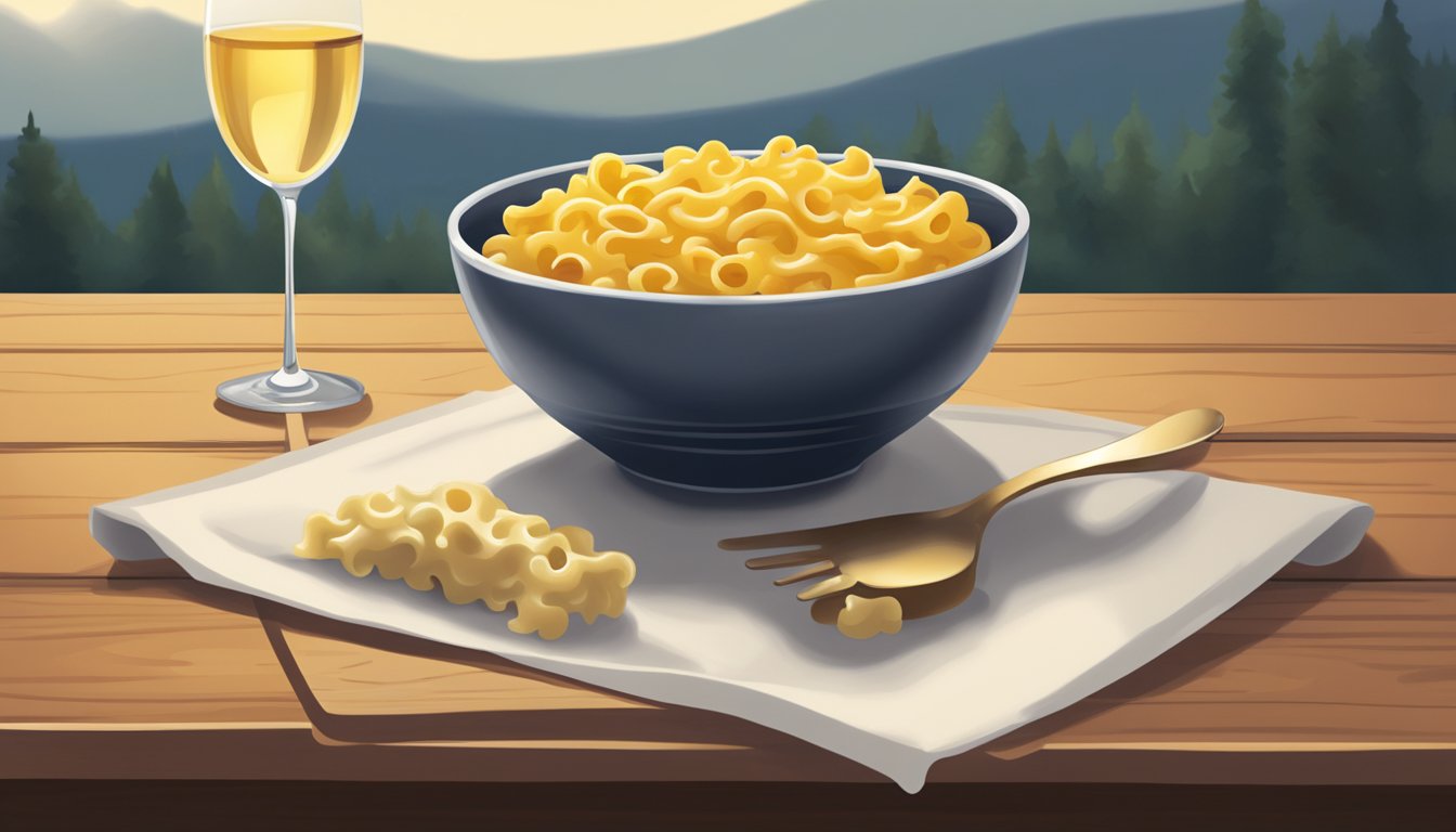 A steaming bowl of mac and cheese sits next to a glass of white wine on a wooden table. A fork rests on the side of the bowl