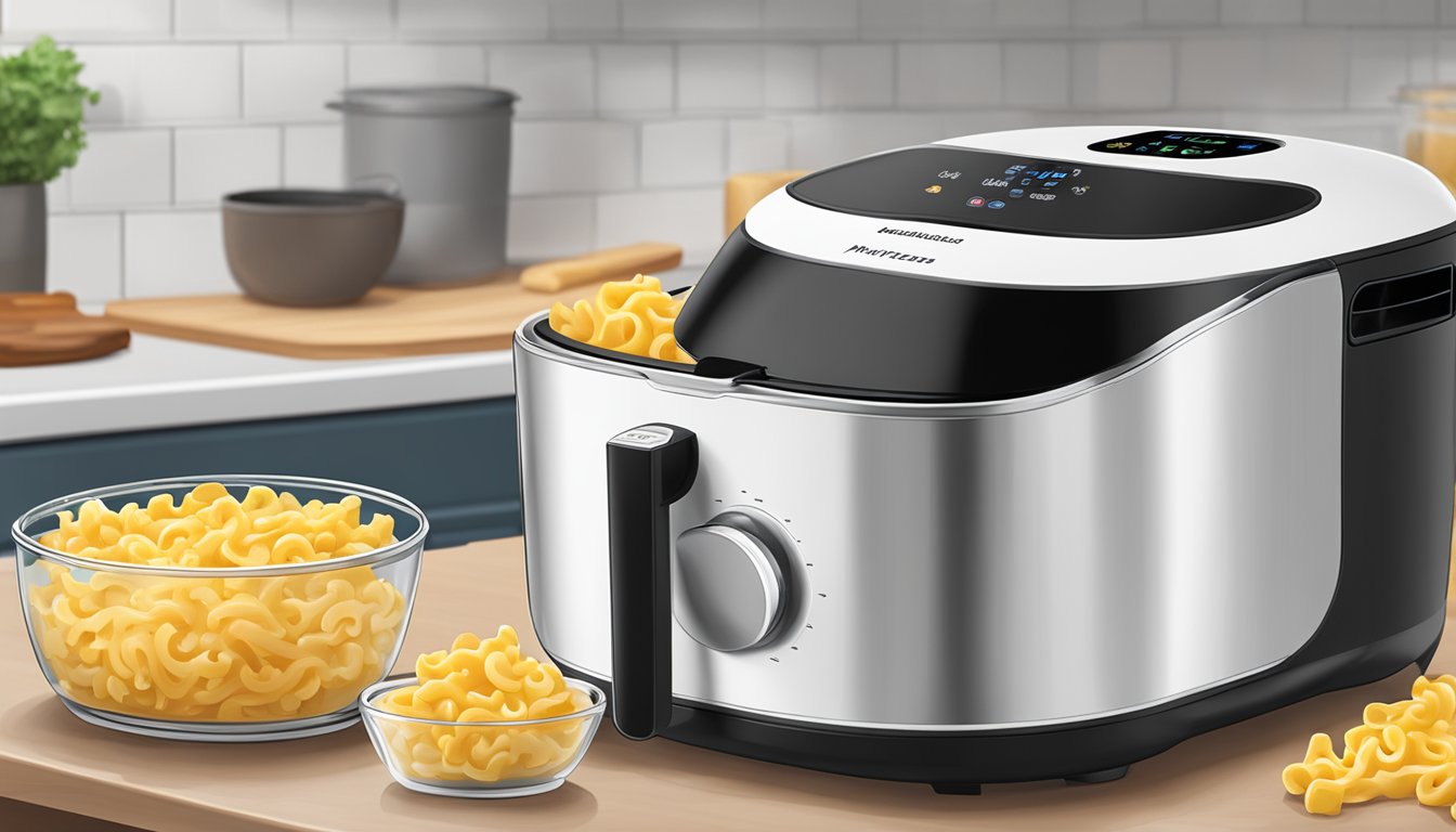 A steaming bowl of air fryer mac and cheese sits on a kitchen counter, with a clear lid nearby for storage