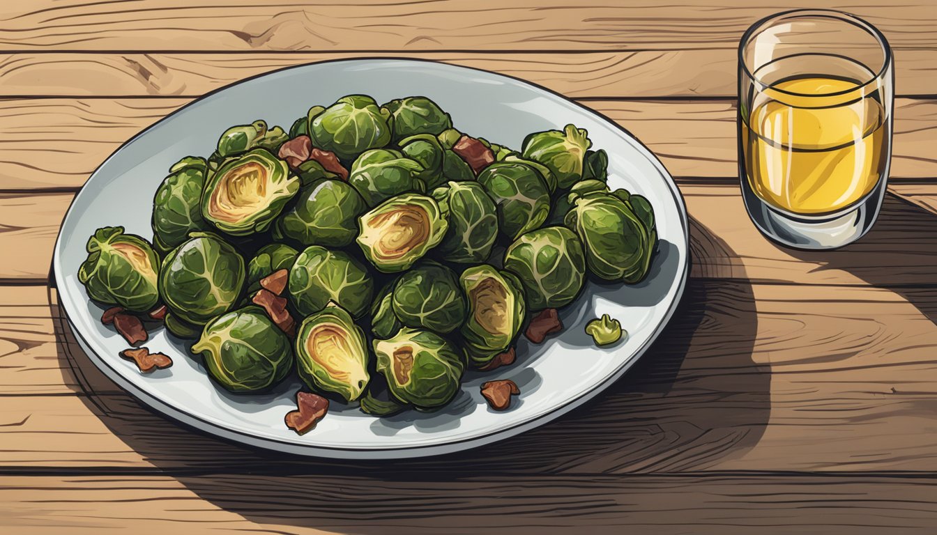 A plate of crispy brussels sprouts and bacon, with a side of dipping sauce, sits on a rustic wooden table next to a glass of white wine