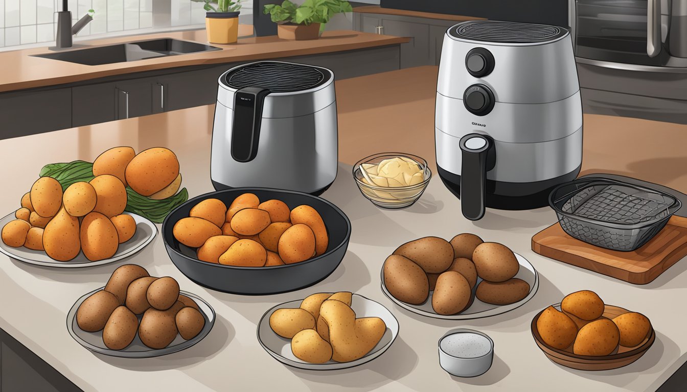 A variety of potatoes, including russet, red, and sweet potatoes, are arranged on a kitchen counter next to an air fryer