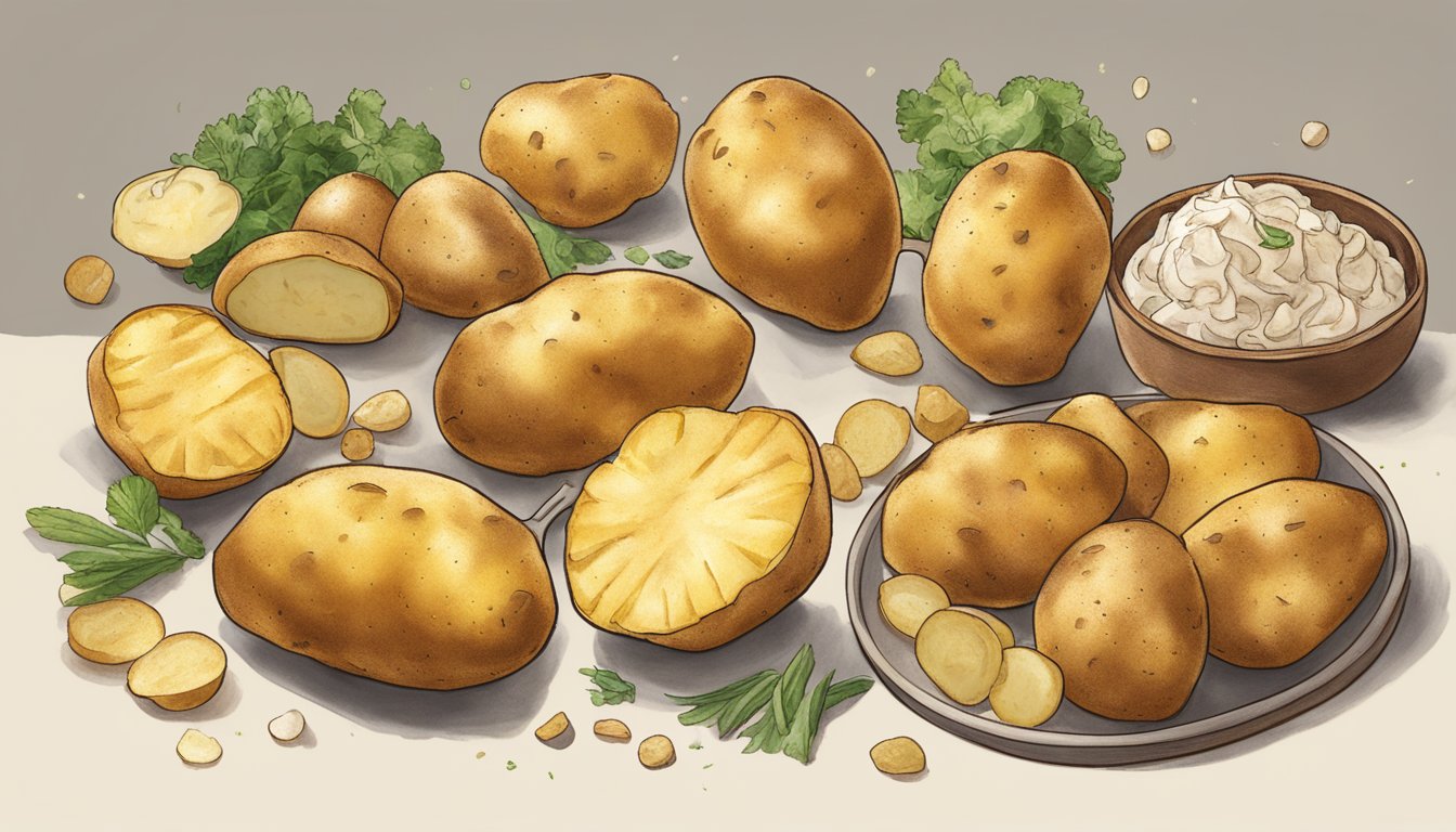 Golden potatoes being air-fried with various toppings and flavors