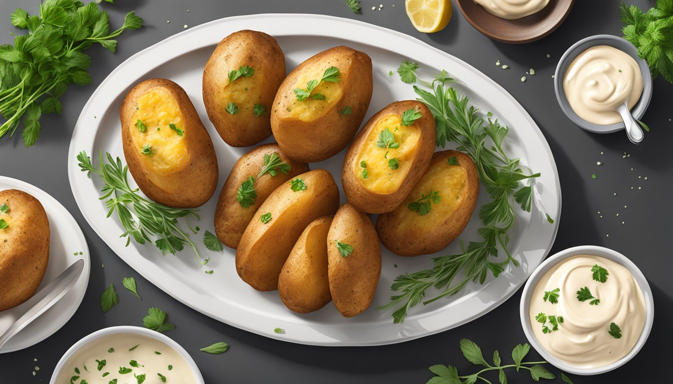 Golden brown air fryer baked potatoes on a white serving platter with a garnish of fresh herbs and a side of creamy dipping sauce