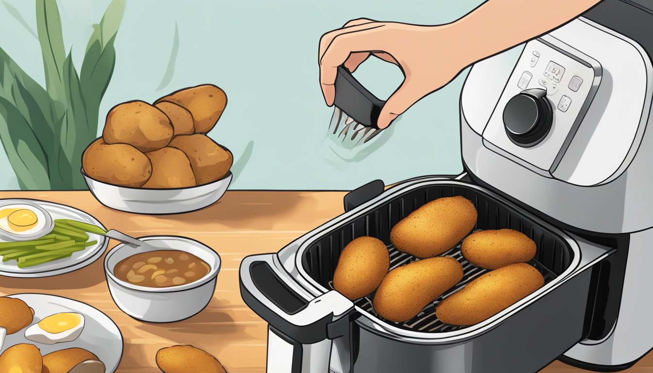 A hand reaching into an open air fryer, removing crispy baked potatoes onto a clean plate. A damp cloth and brush sit nearby for cleaning