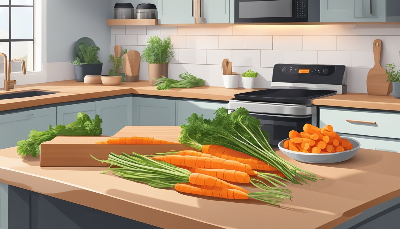 Fresh carrots arranged on a cutting board, surrounded by a bowl of maple glaze and an air fryer in a bright, modern kitchen