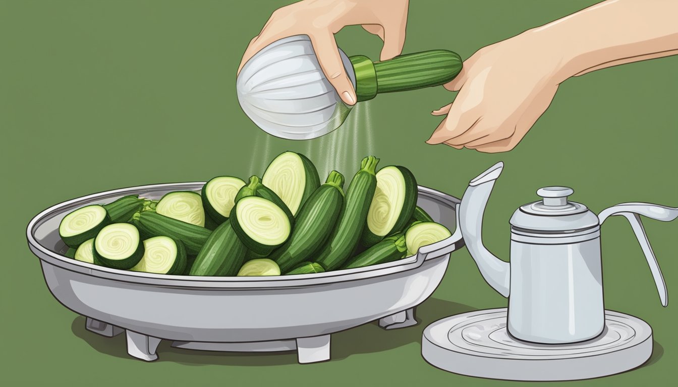 Fresh zucchini being sliced and placed in a steamer basket over a pot of boiling water