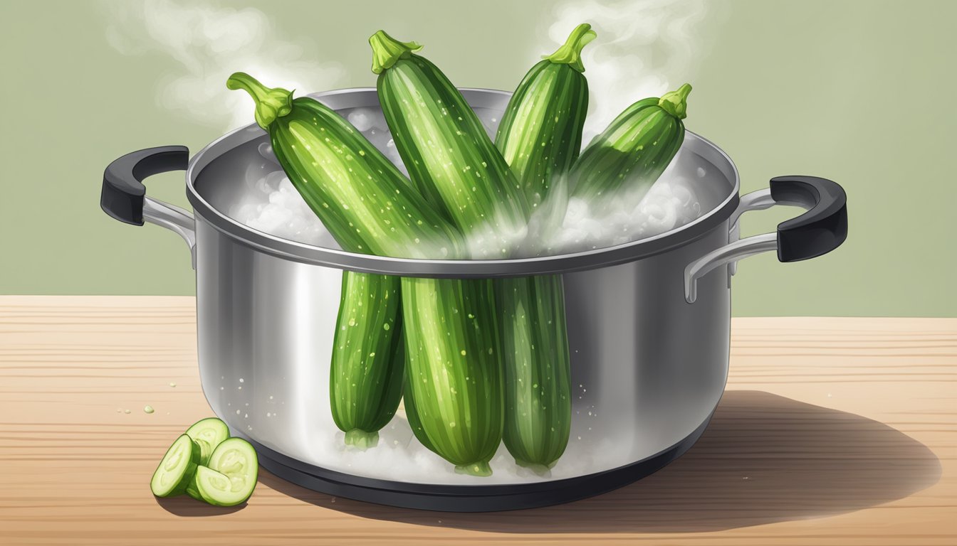 Fresh zucchinis being quickly steamed in a pot, releasing steam