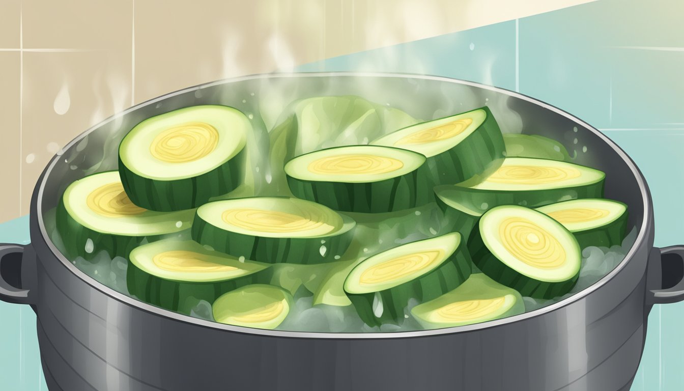 Zucchini slices steaming in a bamboo steamer over a pot of boiling water