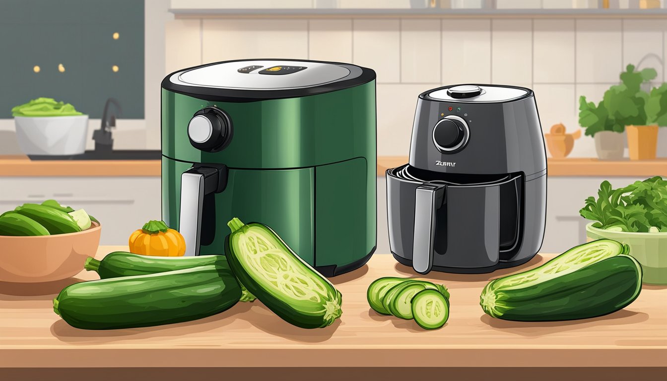 Fresh zucchinis being sliced and seasoned, then placed into an air fryer basket. The air fryer is set on a kitchen counter, emitting a warm glow as it cooks the zucchinis to perfection