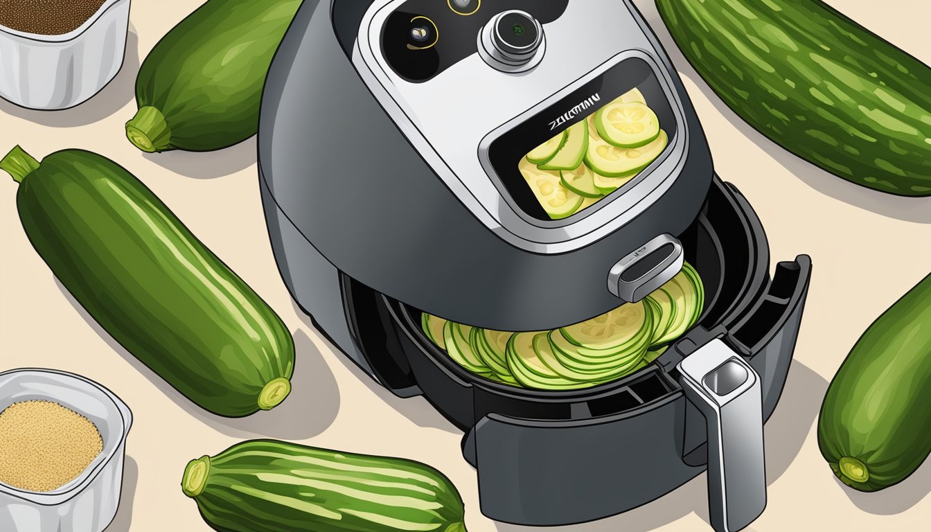 Fresh zucchinis arranged next to an air fryer, with a bowl of seasoning and a plate for reheating