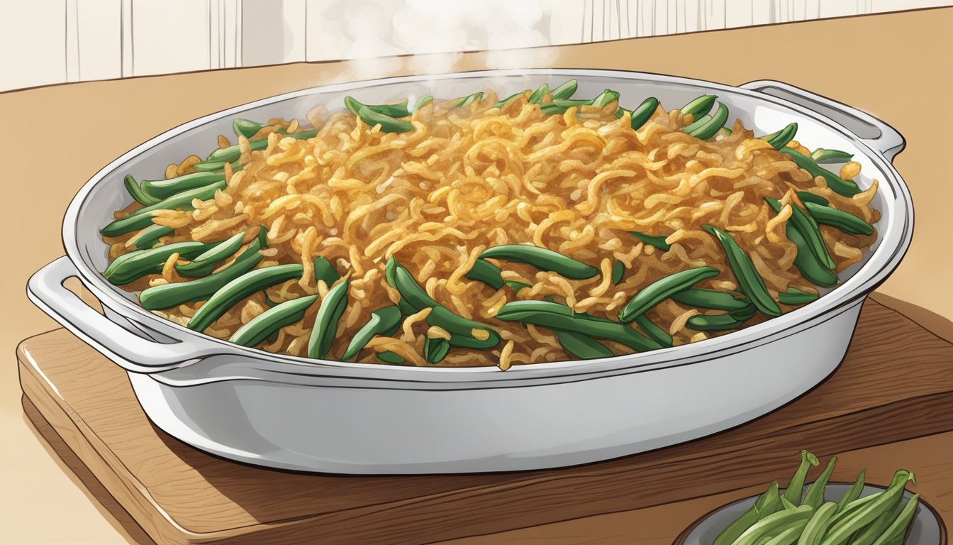 A golden-brown green bean casserole sits on a white serving dish, steam rising from the crispy edges. A sprinkle of fried onions tops the dish