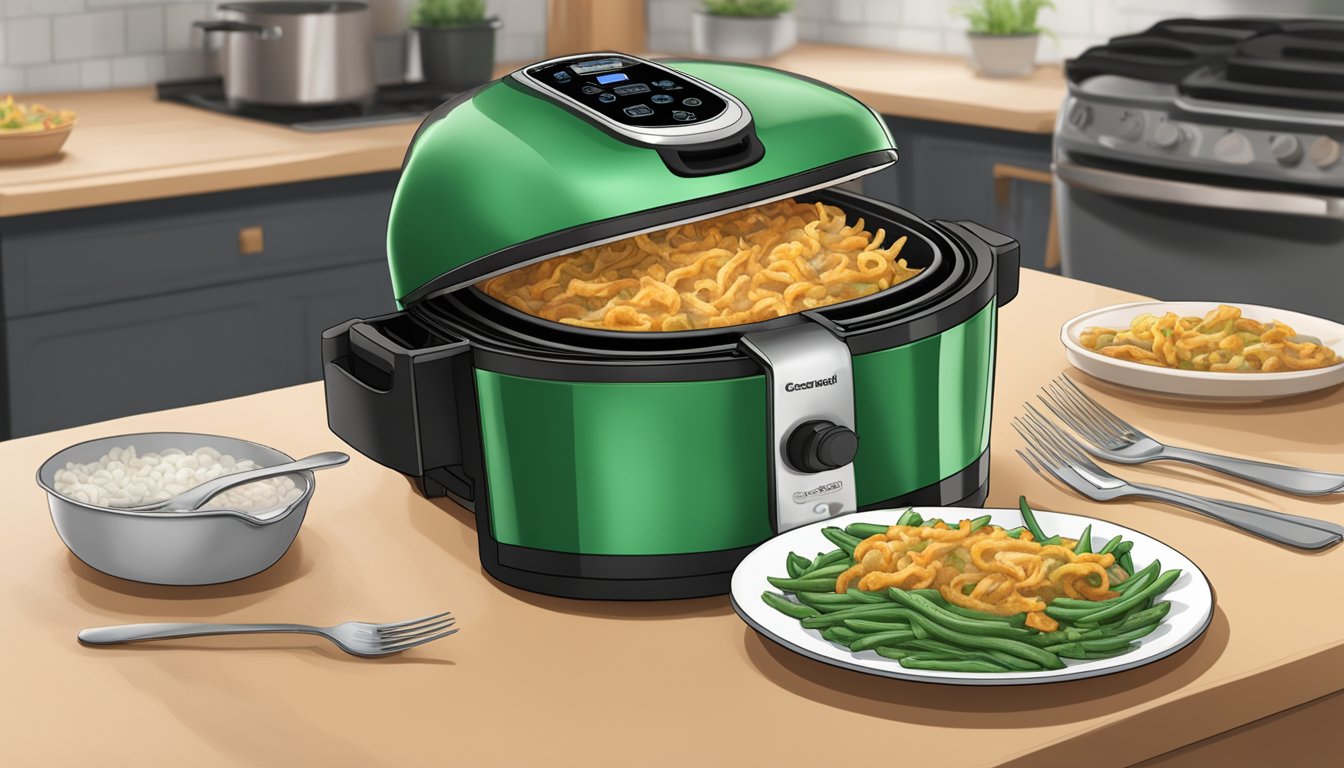 A green bean casserole sits inside an open air fryer, steam rising as it reheats. A plate and fork wait nearby