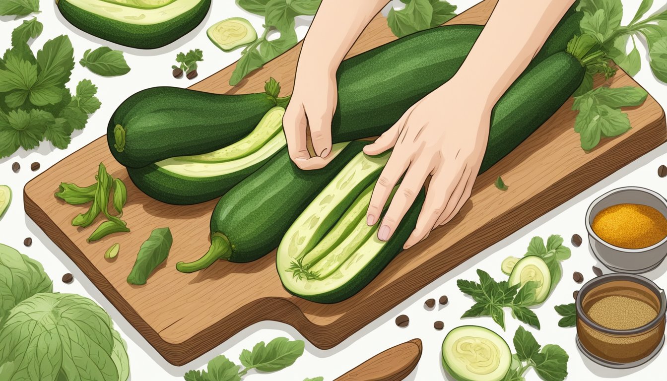 A hand reaching for a fresh zucchini, surrounded by various herbs and spices on a wooden cutting board