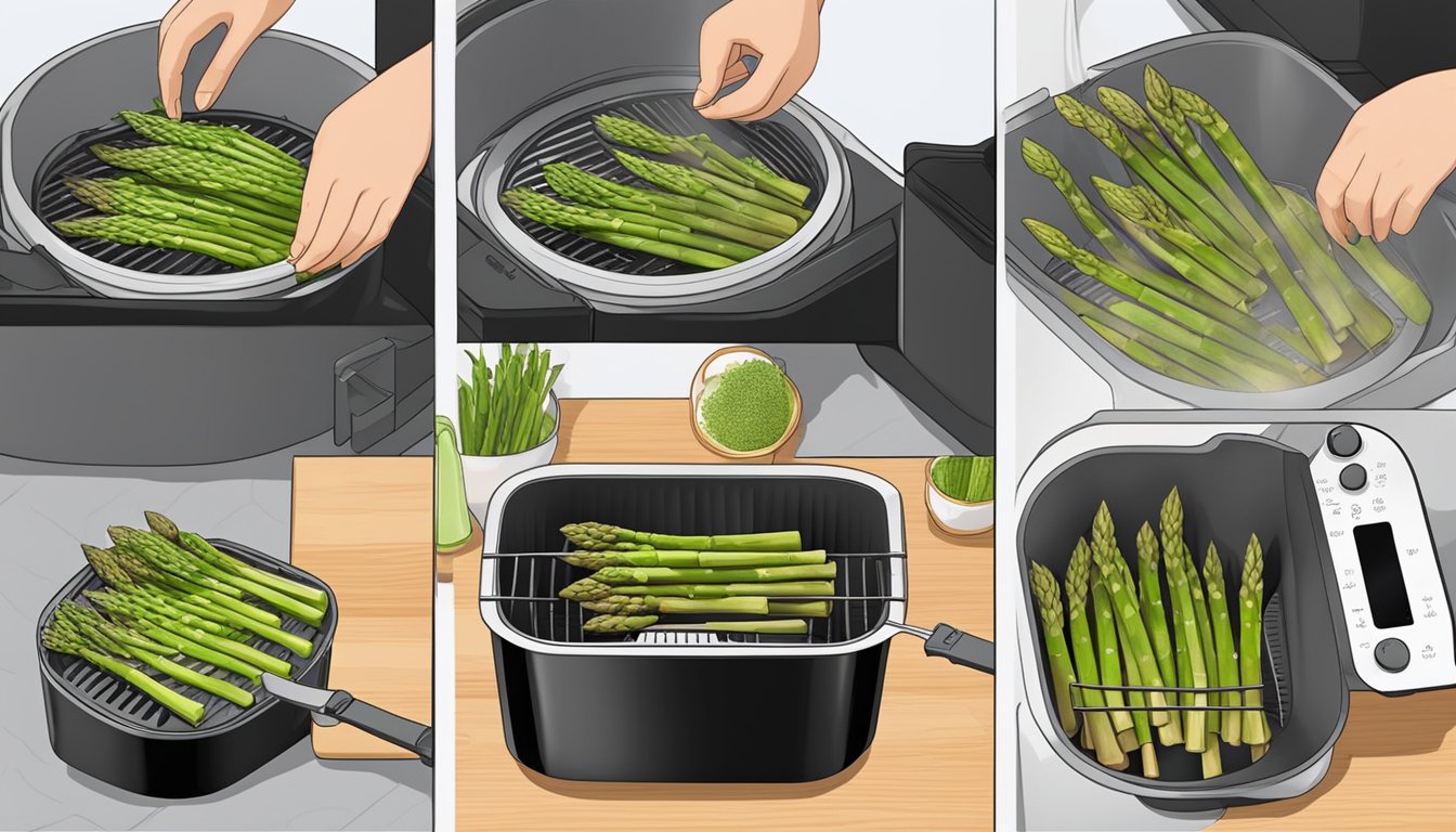 Fresh asparagus being placed in an air fryer basket, set timer, and then reheated until tender and slightly crispy