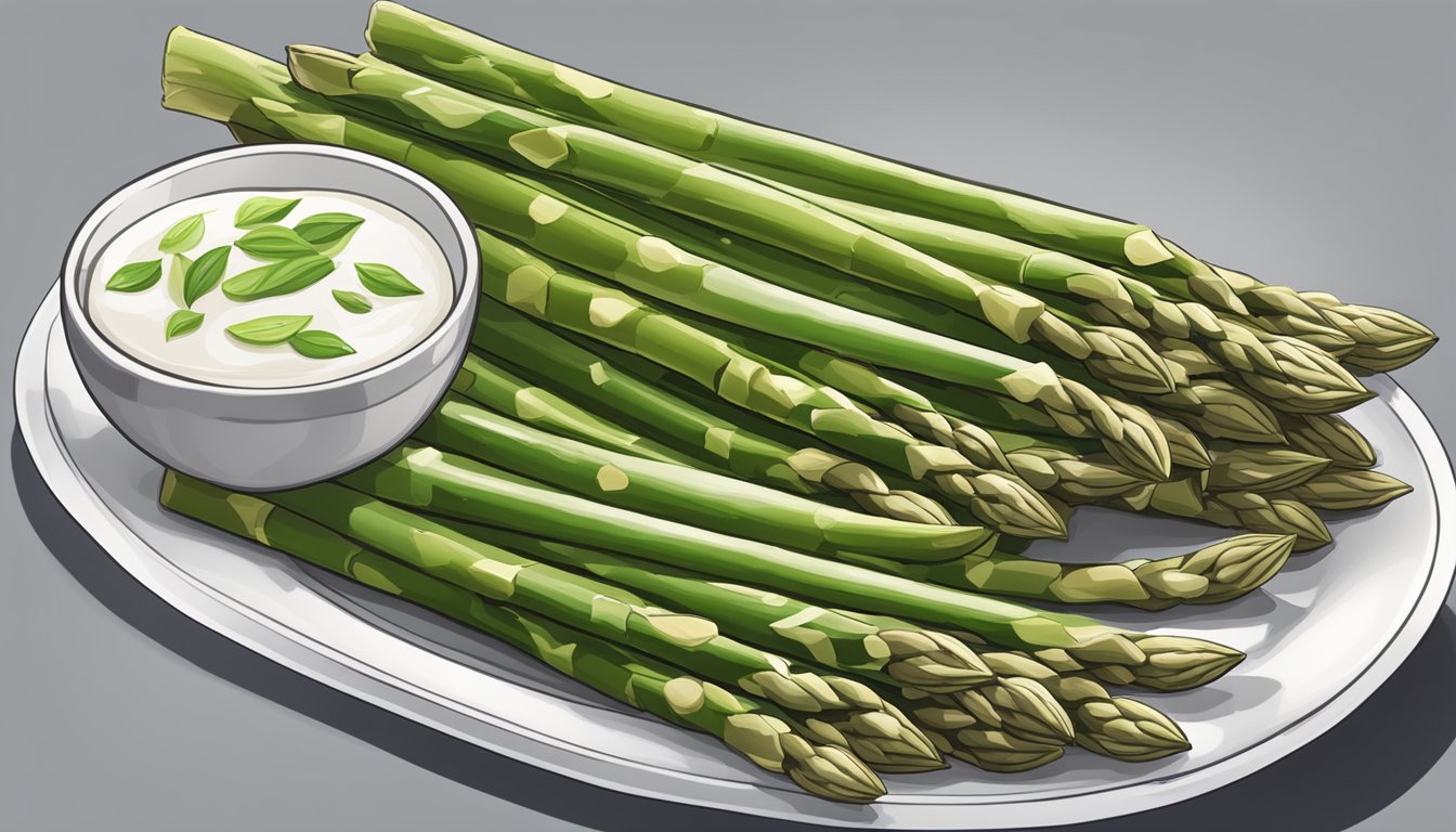 Fresh asparagus spears arranged on a clean white plate, with a small dish of nutritional information placed next to it