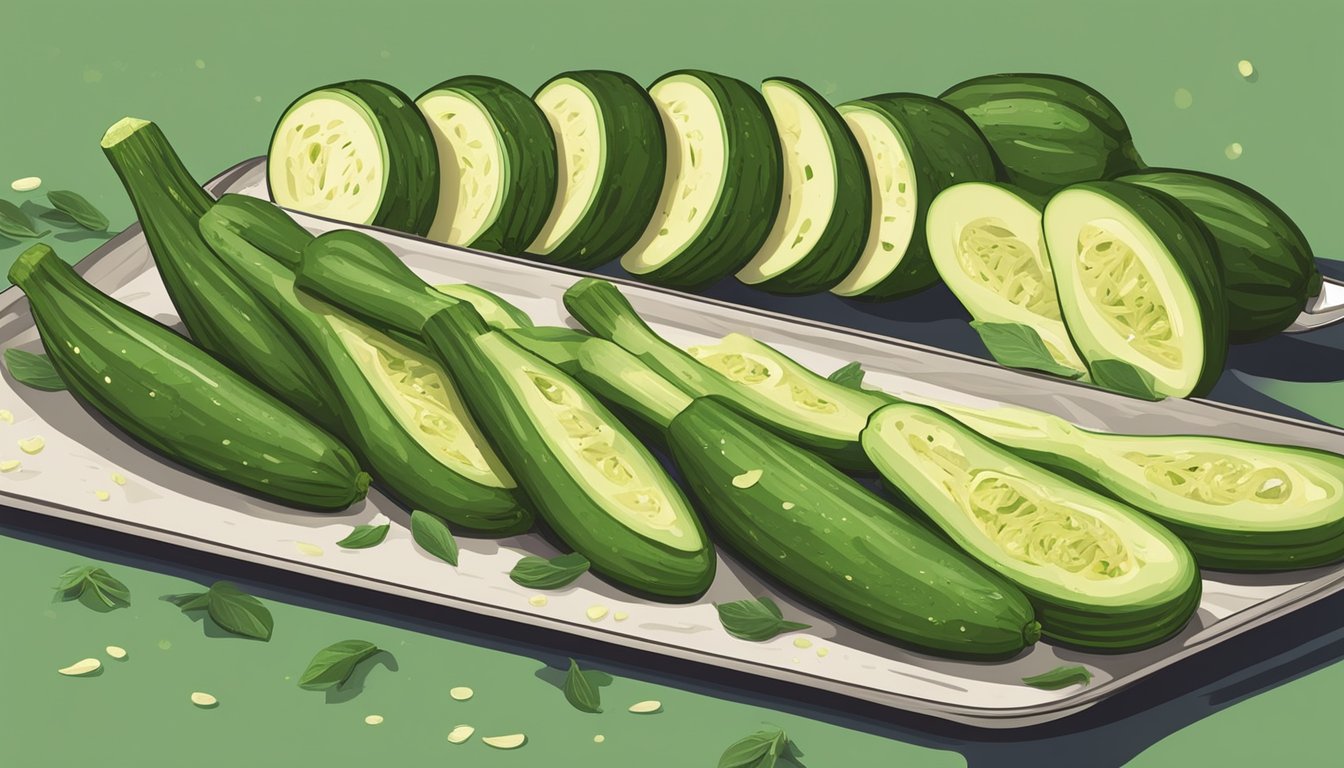 Fresh zucchinis being sliced and seasoned with herbs, olive oil, and salt before being placed in the oven to bake