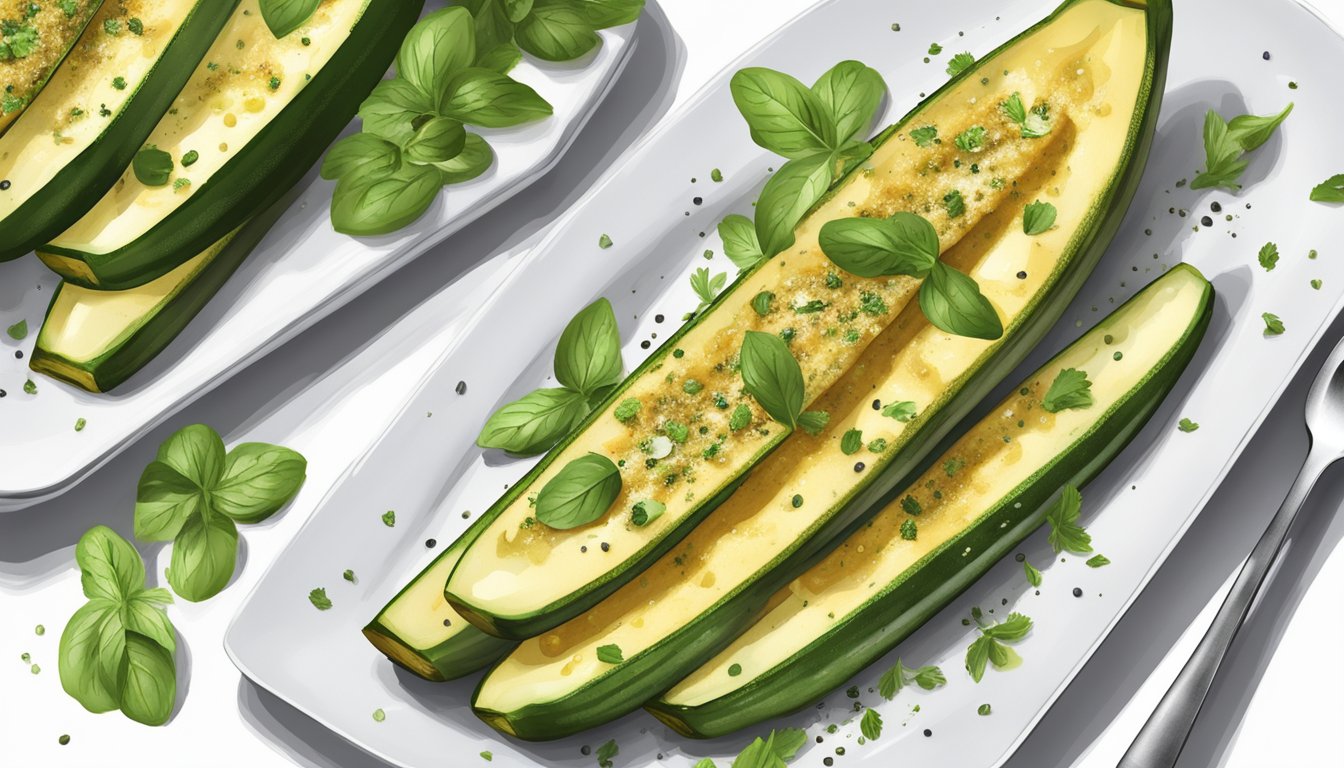 A golden-brown oven-baked zucchini, topped with a sprinkle of fresh herbs and a drizzle of olive oil, presented on a sleek white plate