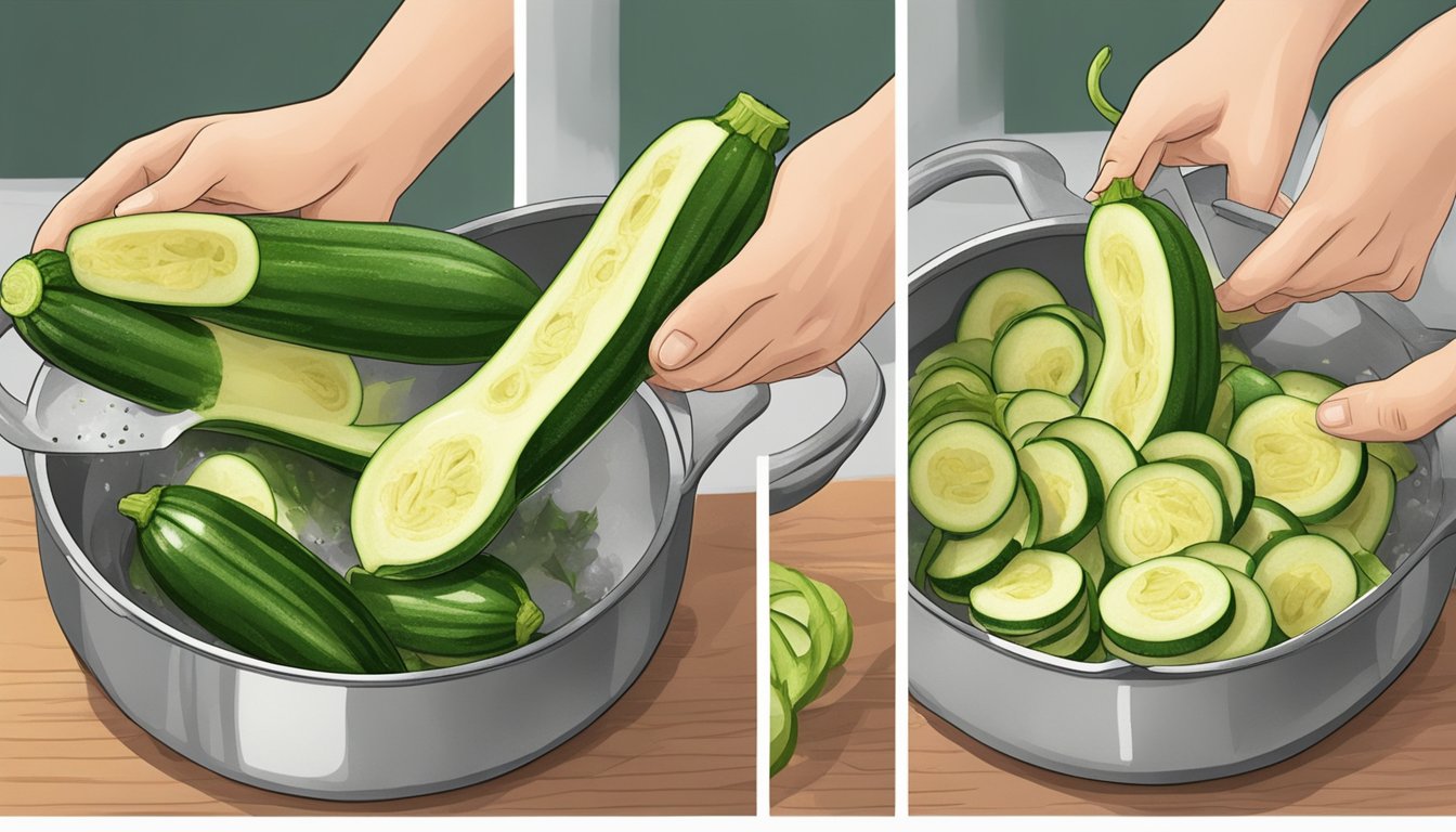 A hand holding a zucchini, slicing it into small pieces, then steaming them in a pot